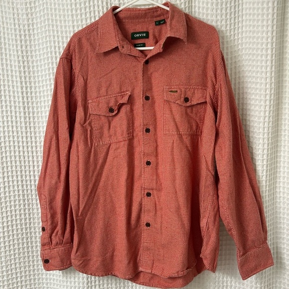 Men’s Orvis Red & Tan Houndstooth 100% Cotton Flannel Button Shirt Size L - Picture 1 of 7
